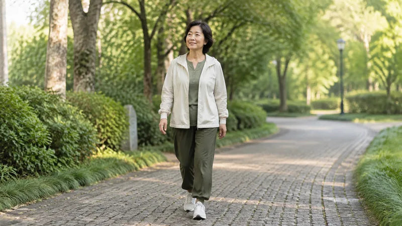 一位女士在綠樹環繞的公園步道上散步